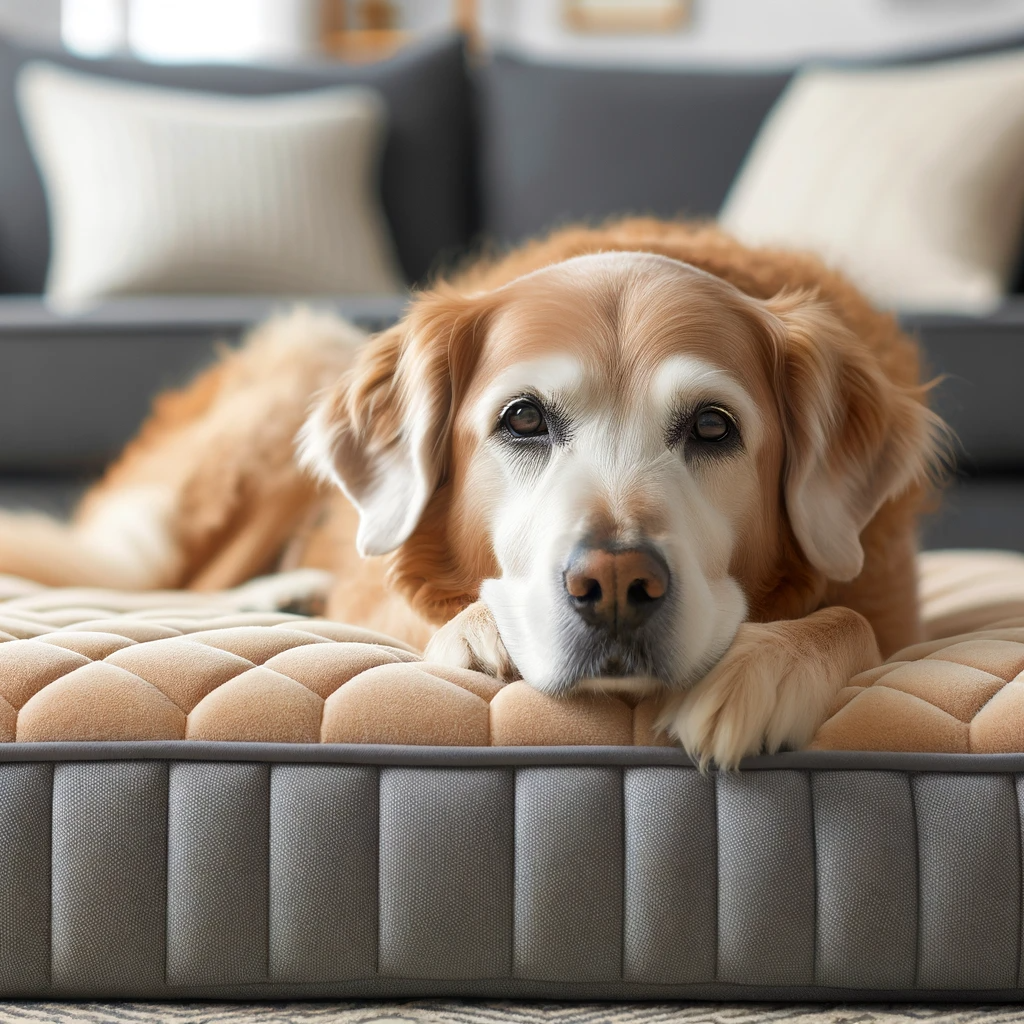 An older golden retriever laying on a memory foam bed.